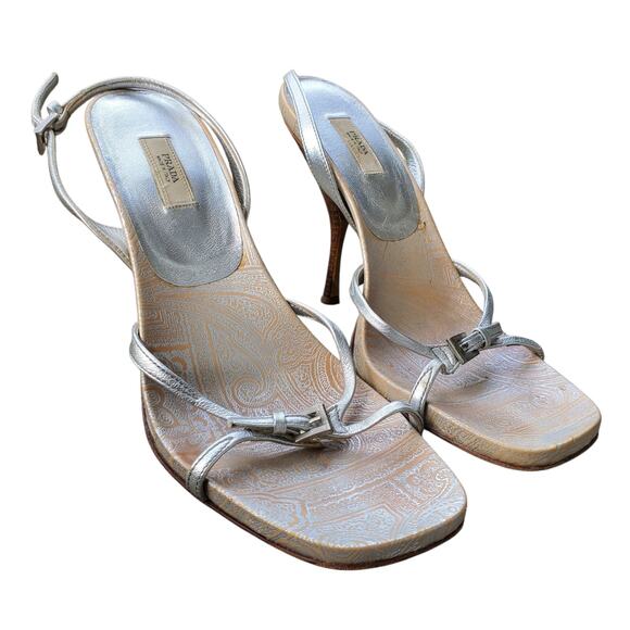 Prada Metallic Silver Strappy Slingback Heeled Sandals- Size 37.5 - Picture 1 of 7